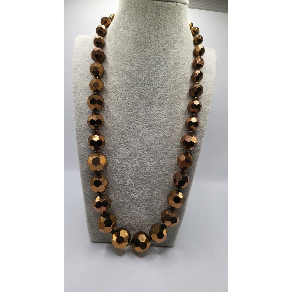 Graduated Faceted Bronze Bead Necklace Statement Metallic 24–27 in